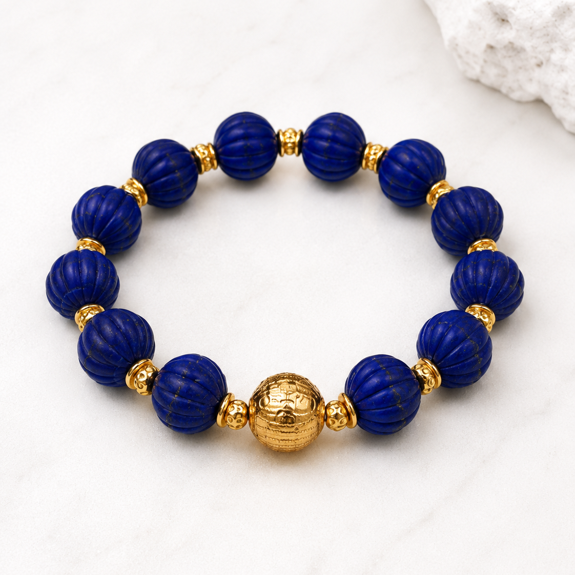 Lapis Lazuli Gold Beaded Statement Bracelet full product view by La Tiera