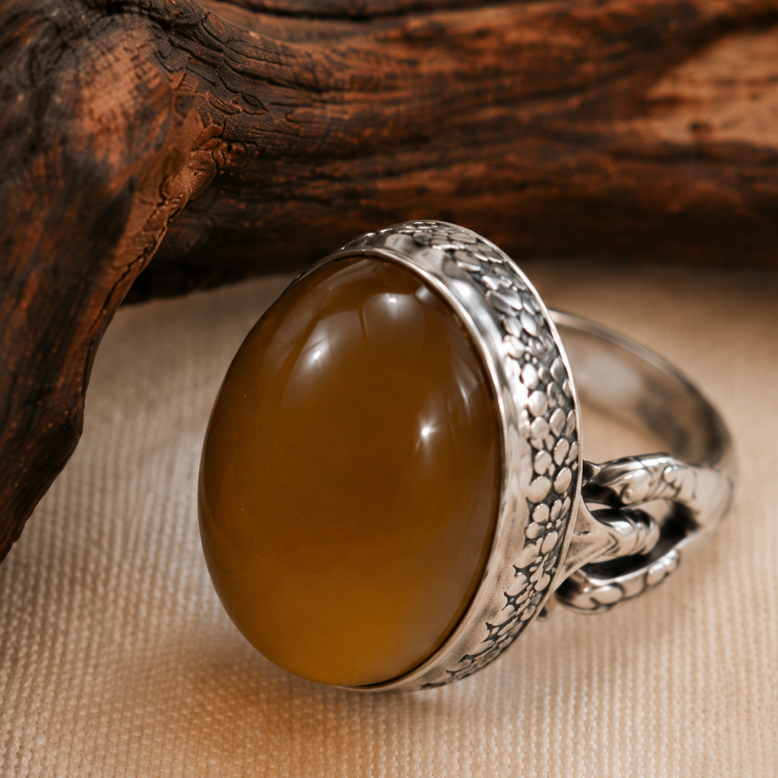 Honey Amber Sterling Silver Statement Ring full product view by La Tiera