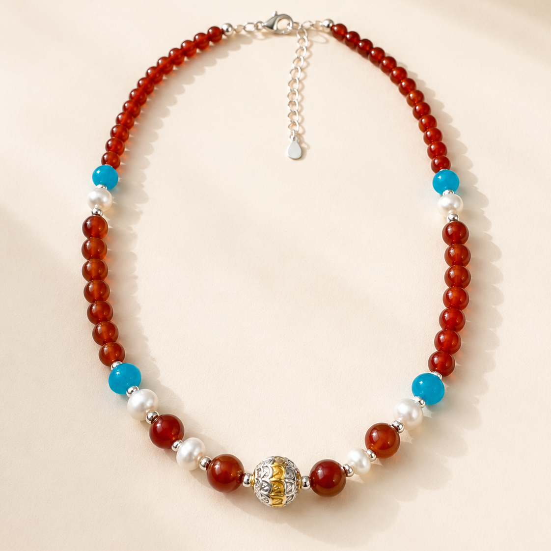 Solana Red Agate & Pearl Beaded Necklace full product view by La Tiera