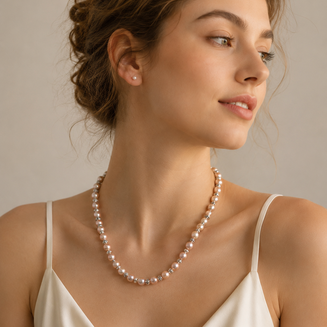 Model wearing Aurora Champagne Freshwater Pearl Necklace with ivory knit and romantic pearl styling