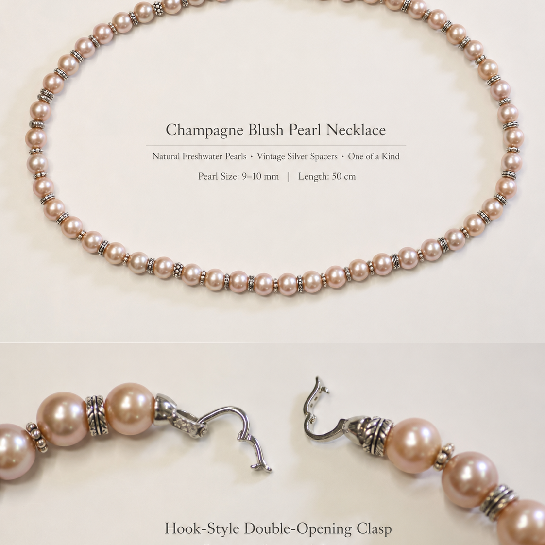 Aurora Champagne Freshwater Pearl Necklace double-opening connector clasp and vintage silver spacer bead detail