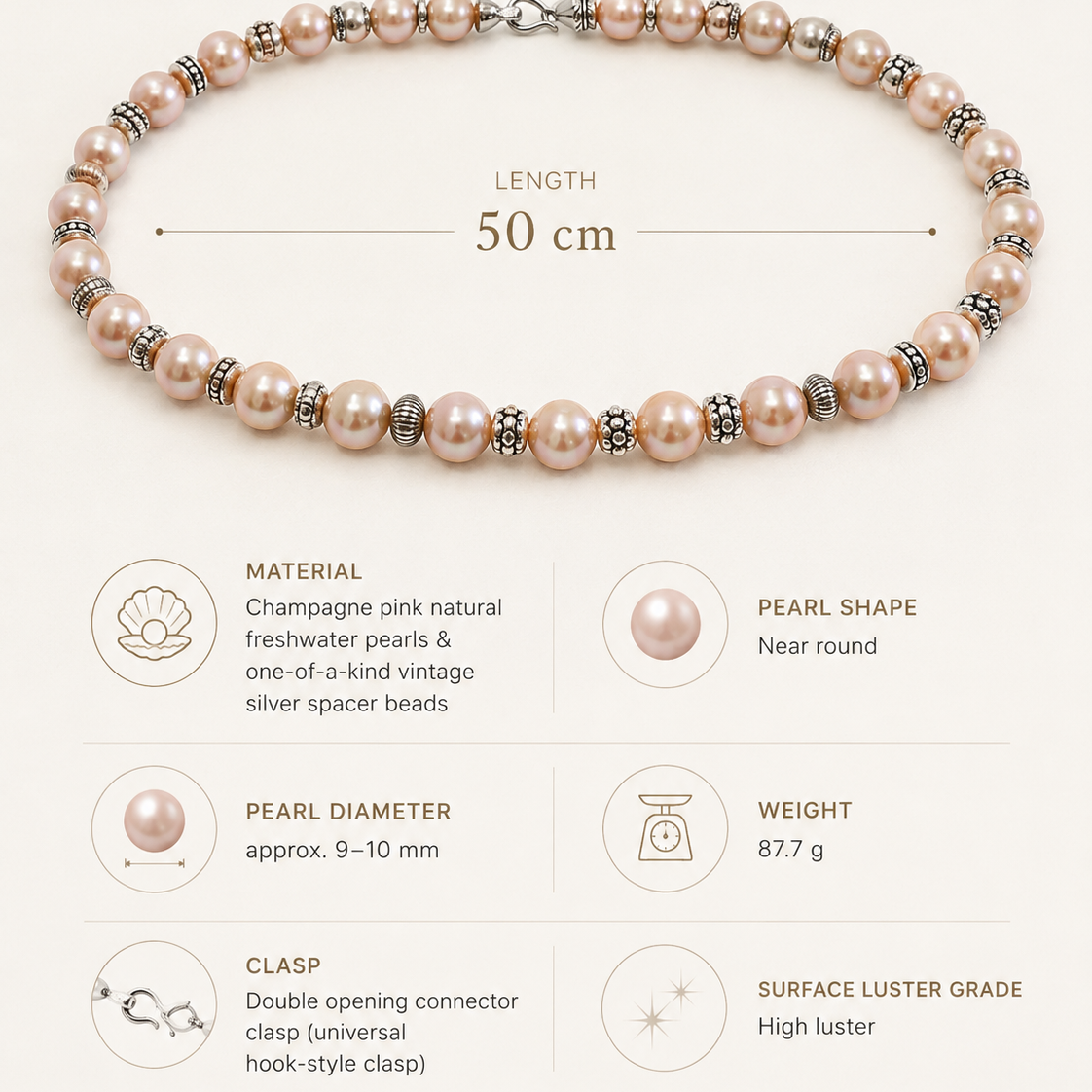 Aurora Champagne Freshwater Pearl Necklace size and material guide