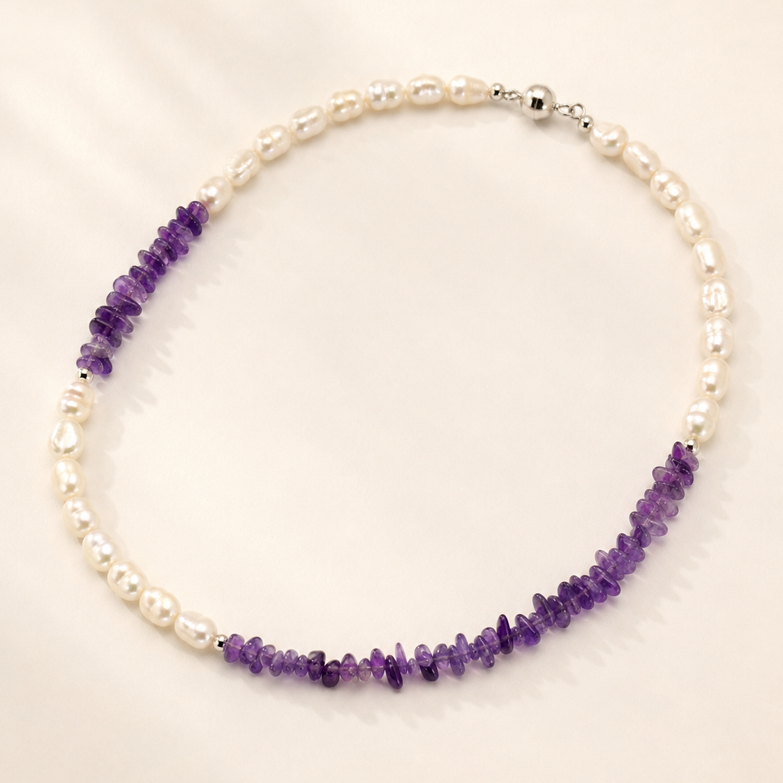 Freshwater Pearl Amethyst Asymmetric Necklace full product view by La Tiera