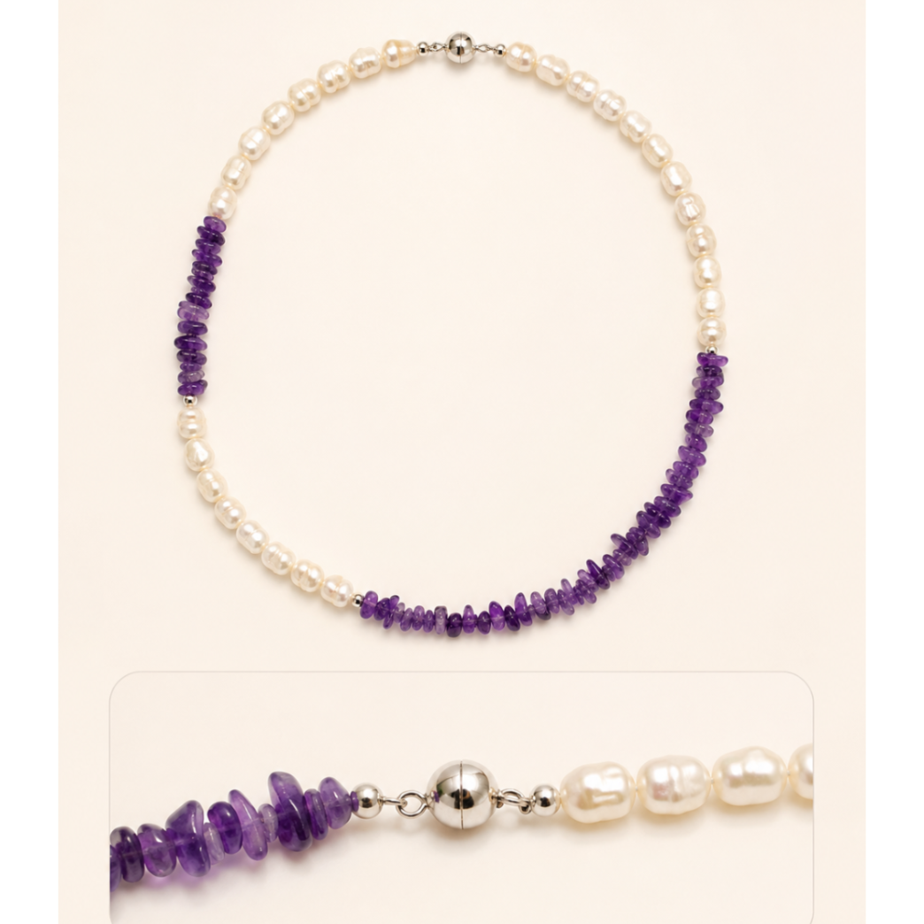 Freshwater Pearl Amethyst Asymmetric Necklace sterling silver magnetic clasp and spacer bead detail