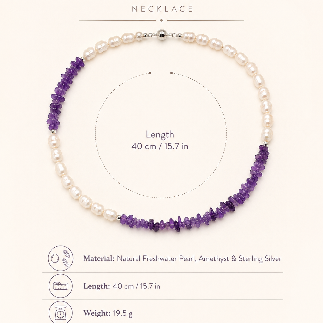 Freshwater Pearl Amethyst Asymmetric Necklace size and material guide