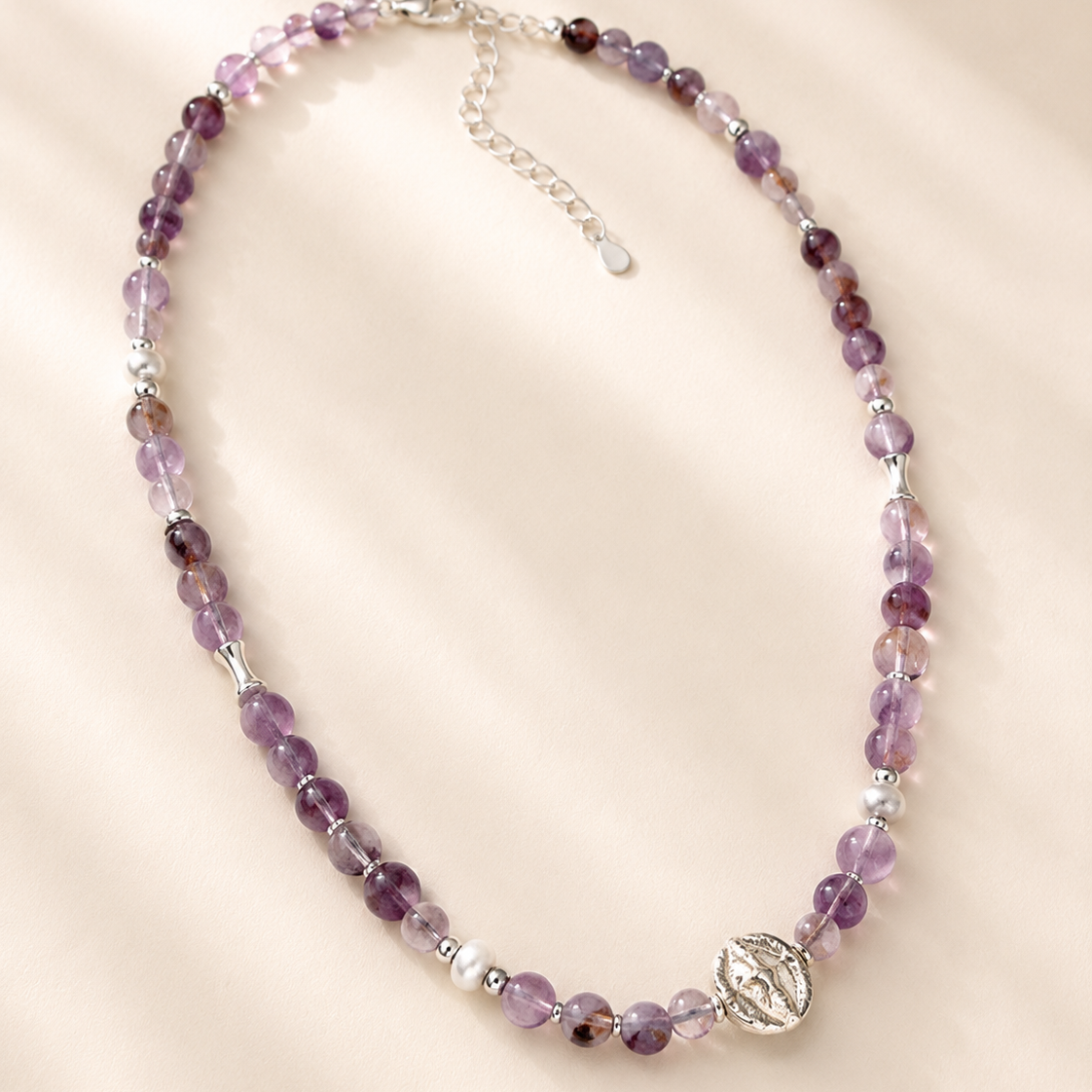 Luna Purple Phantom Quartz Pendant Necklace full product view by La Tiera