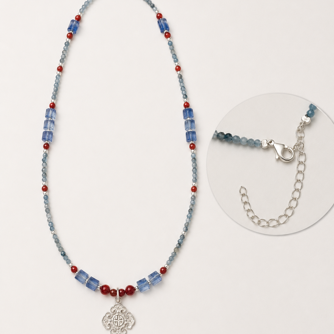 Azure Sky Blue Quartz Pendant Necklace lobster clasp, adjustable chain, and sterling silver pendant detail
