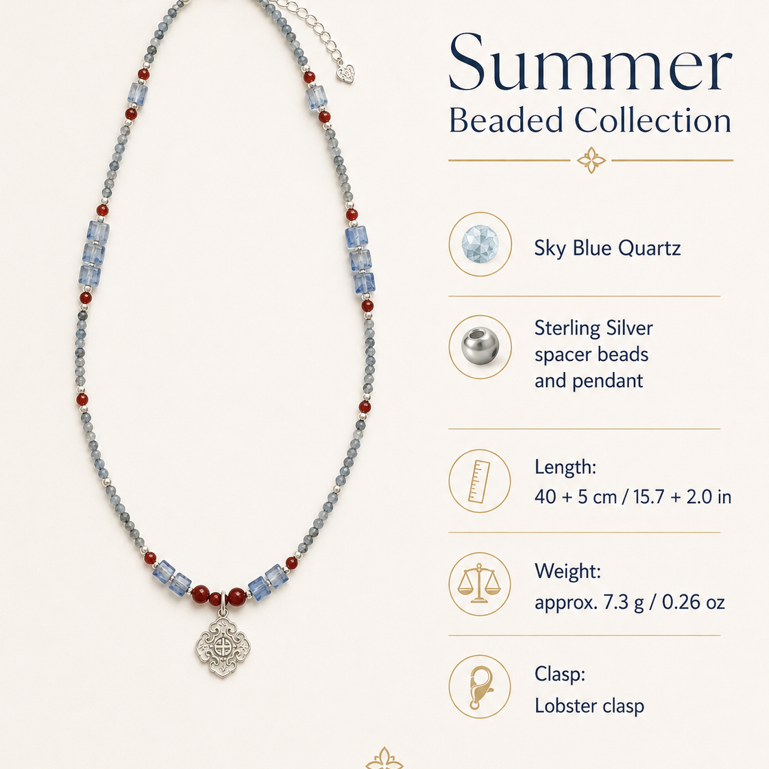 Azure Sky Blue Quartz Pendant Necklace size and material guide
