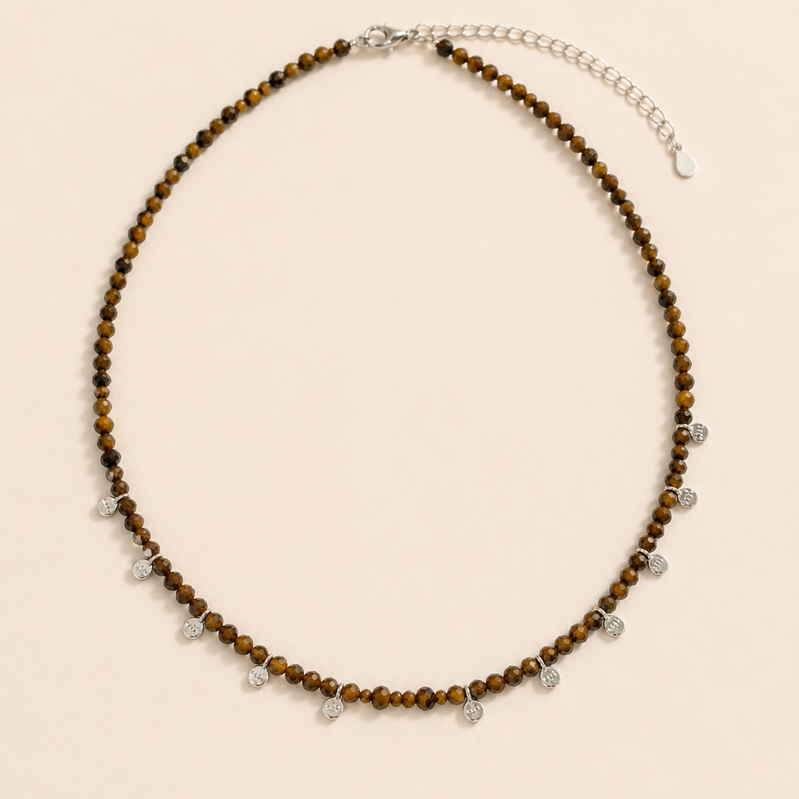 Aurelia Tiger’s Eye Sterling Silver Charm Necklace full product view by La Tiera