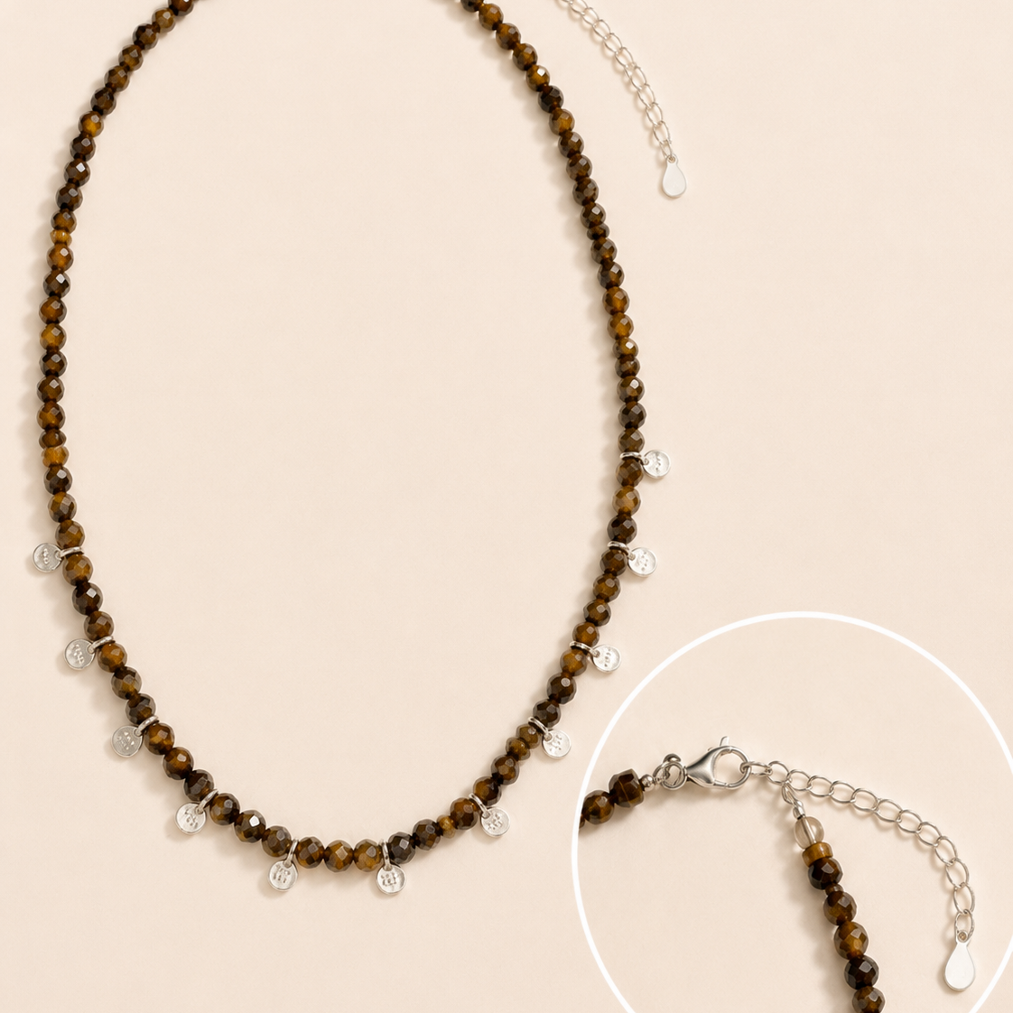 Aurelia Tiger’s Eye Sterling Silver Charm Necklace lobster clasp, adjustable chain, and sterling silver charm detail