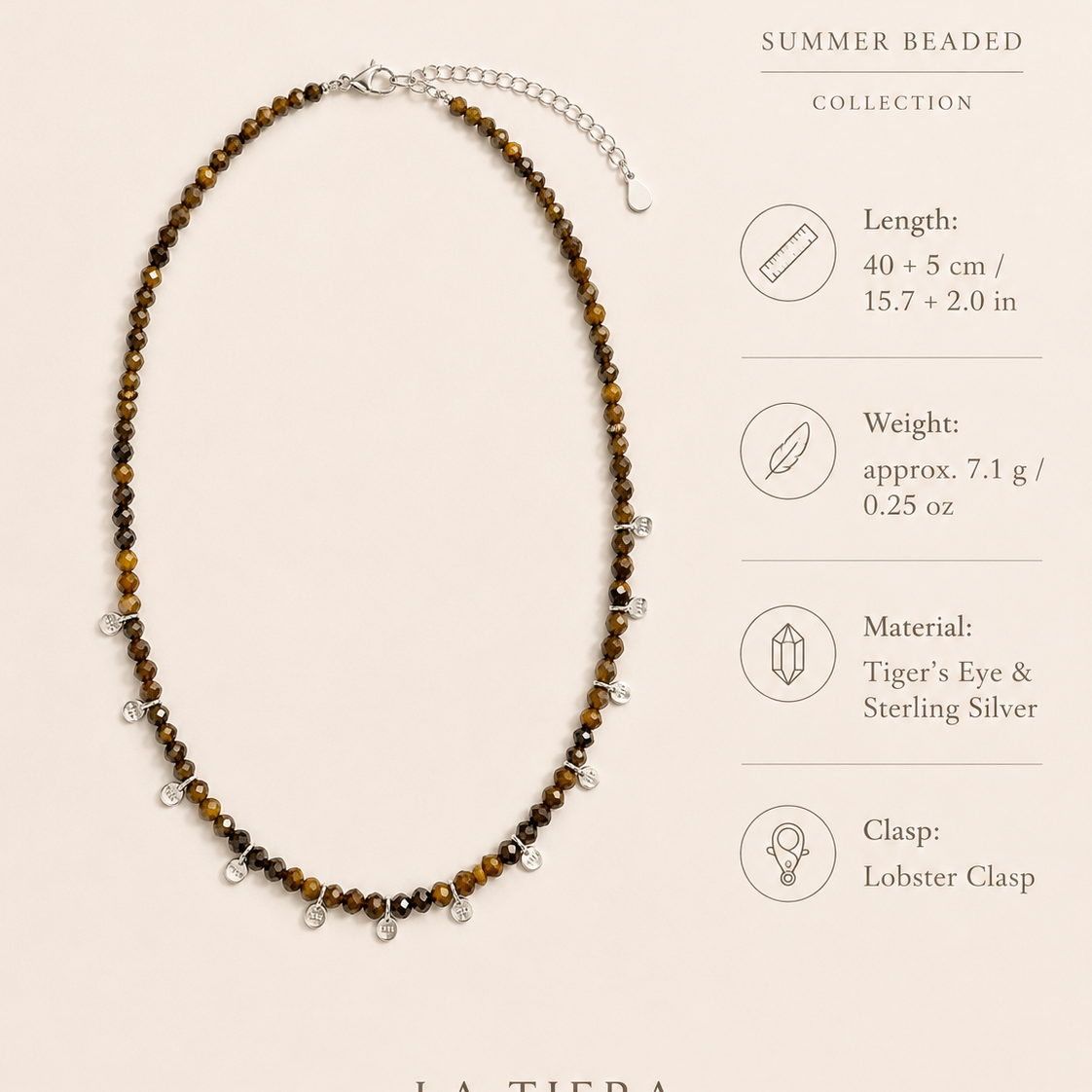 Aurelia Tiger’s Eye Sterling Silver Charm Necklace size and material guide