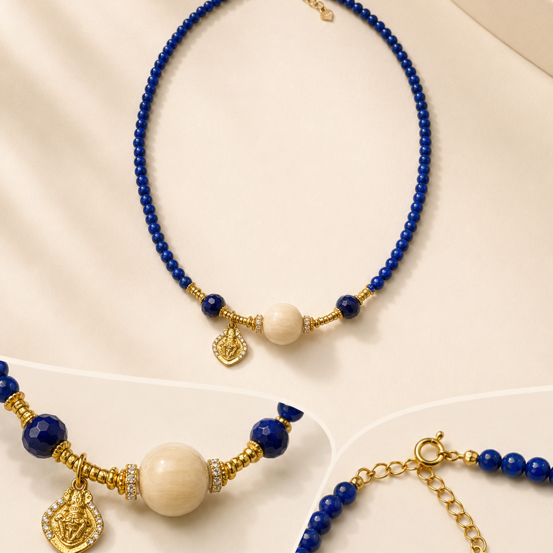 apis Lazuli Beaded Necklace spring ring clasp and extension chain detail