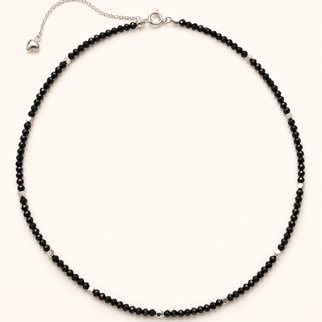 Faceted Black Spinel Sterling Silver Long Necklace full product view by La Tiera