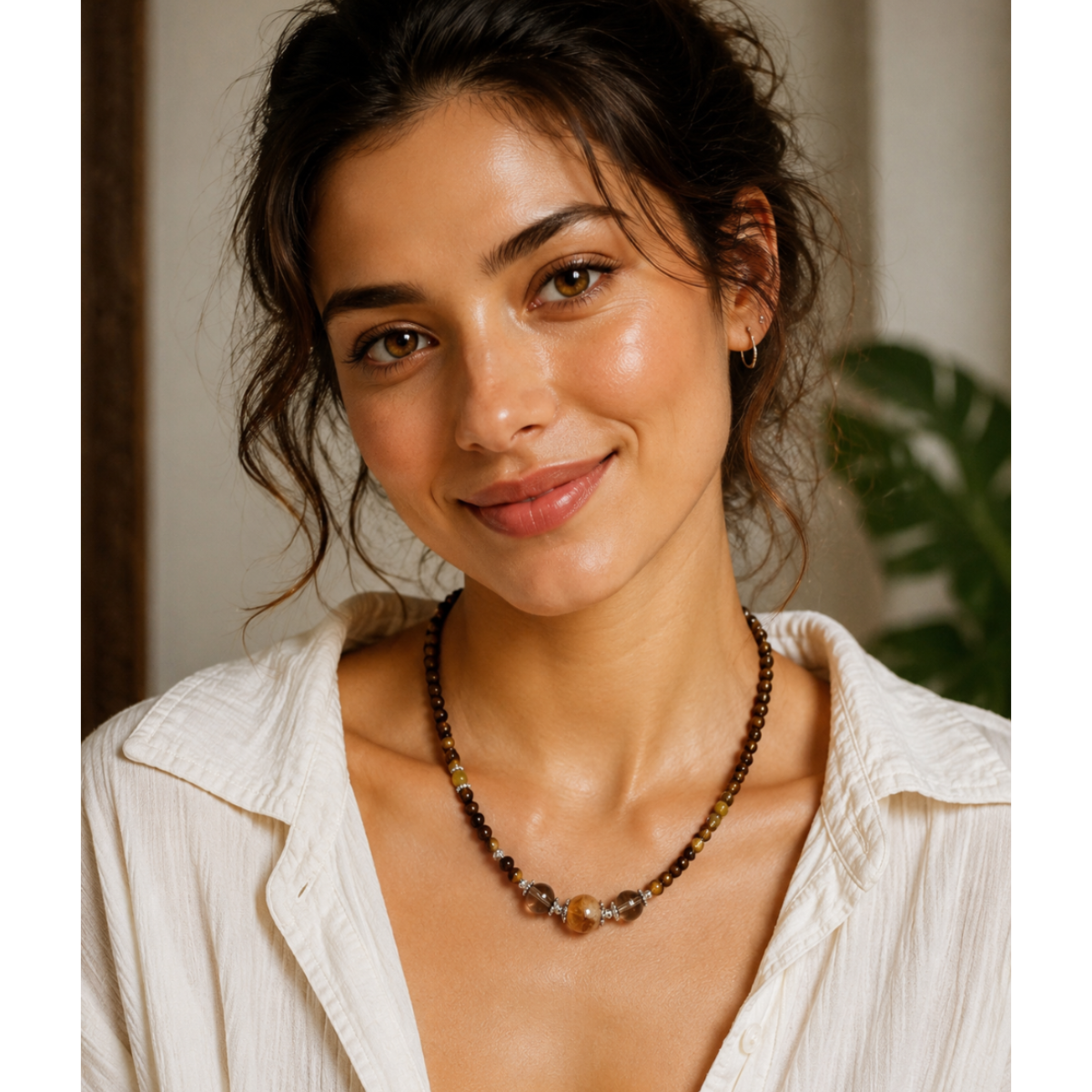Model wearing Tiger’s Eye & Amber Beaded Layering Necklace with summer linen outfit