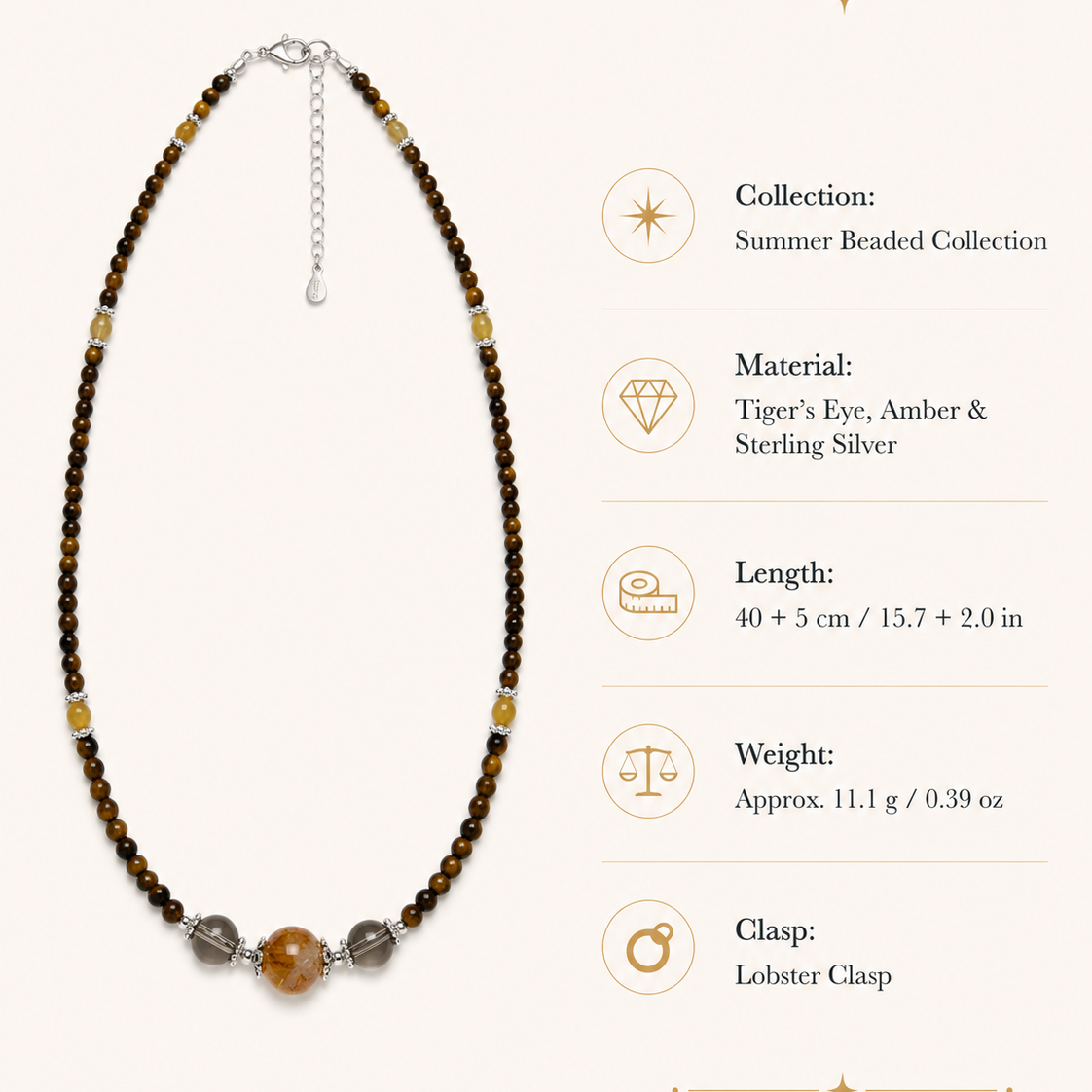 Tiger’s Eye & Amber Beaded Layering Necklace size and material guide
