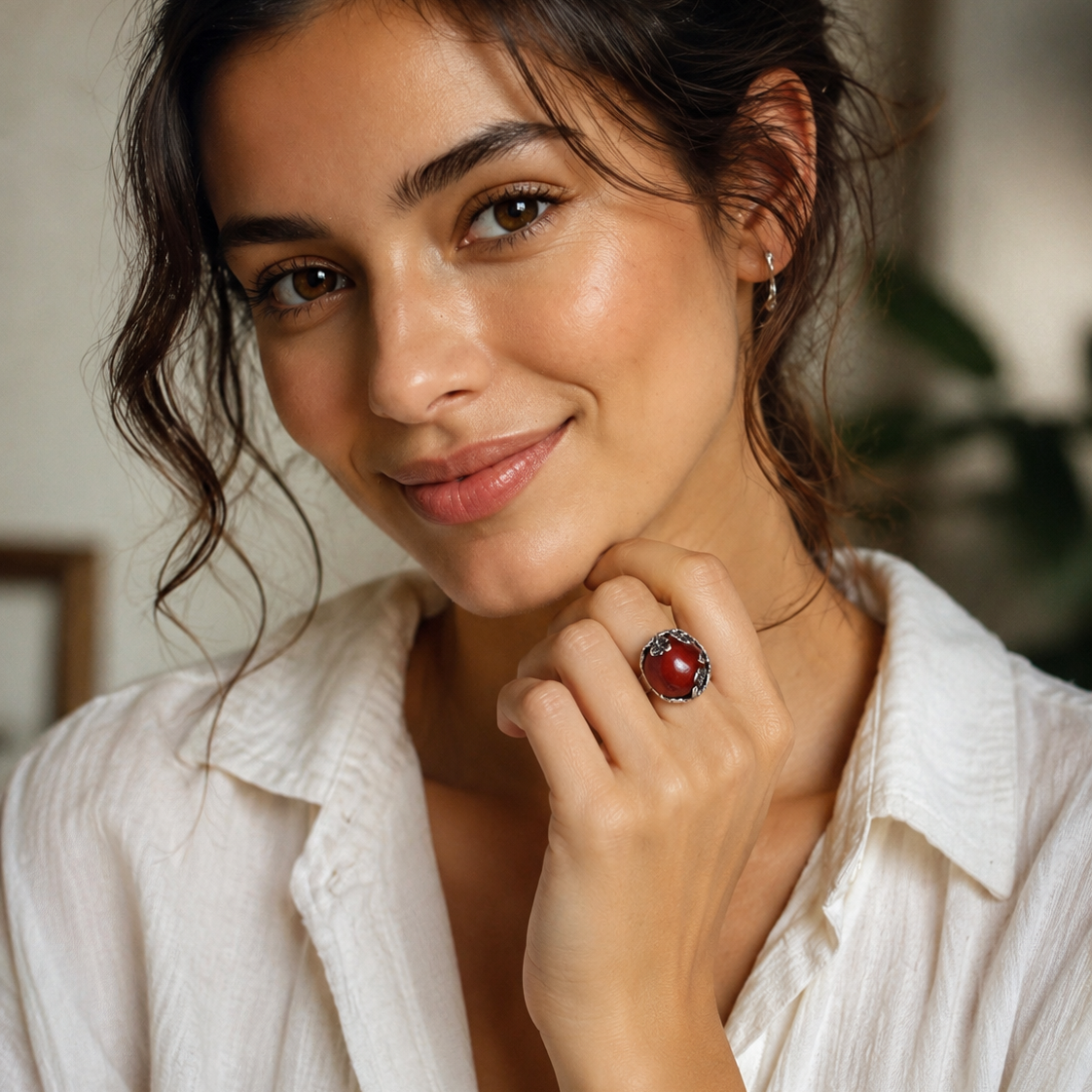 Model wearing Raw Amber Sterling Silver One-of-a-Kind Ring with vintage silver styling