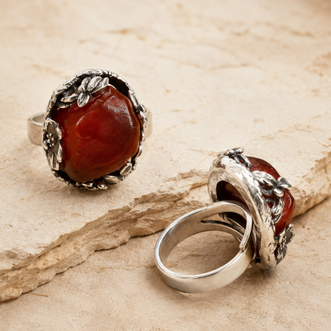 Raw Amber Sterling Silver One-of-a-Kind Ring adjustable band and oxidized sterling silver floral detail