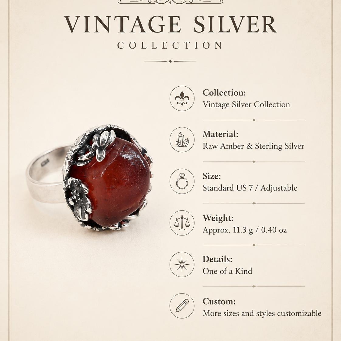 Raw Amber Sterling Silver One-of-a-Kind Ring size and material guide