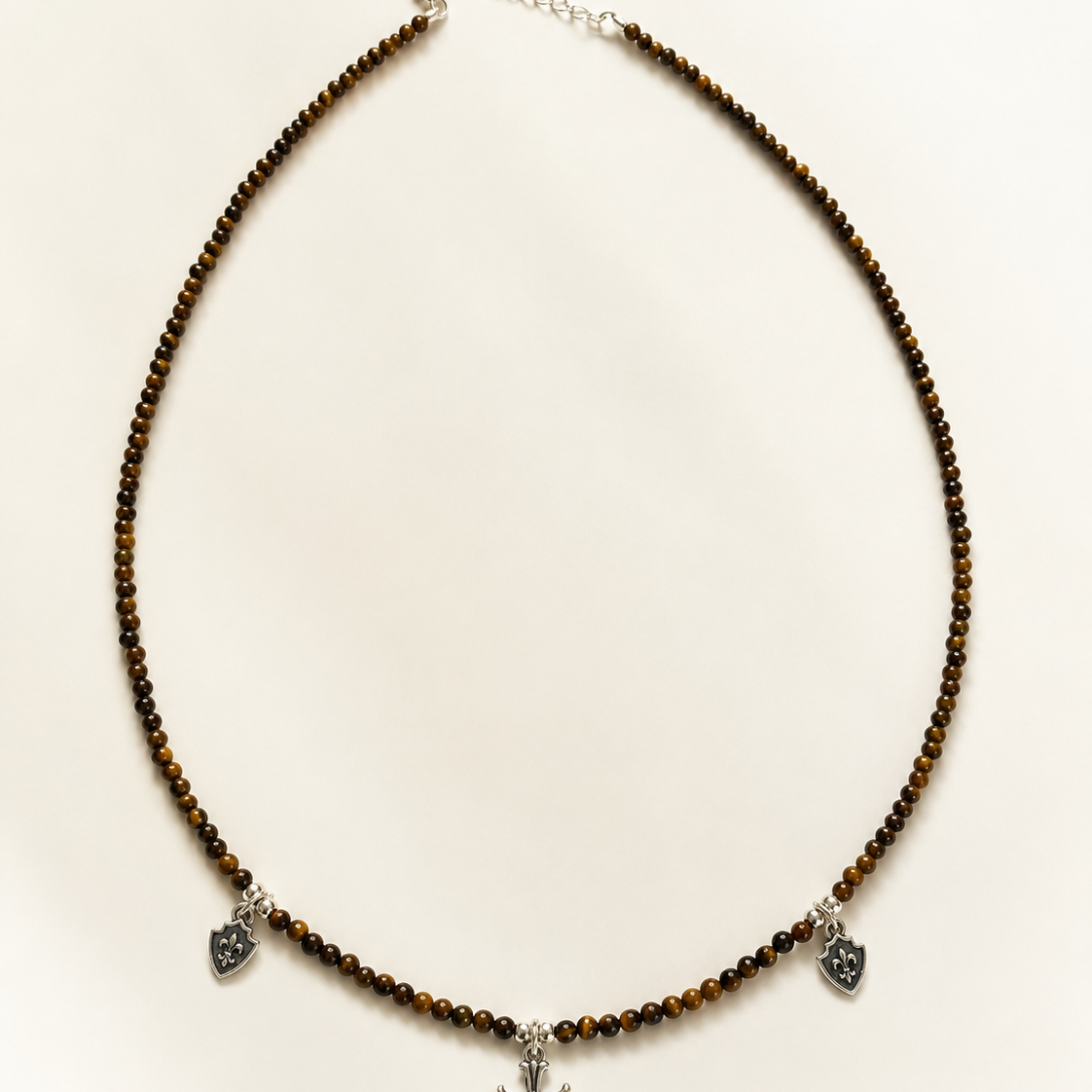 Tiger’s Eye Cross Charm Beaded Necklace full product view by La Tiera