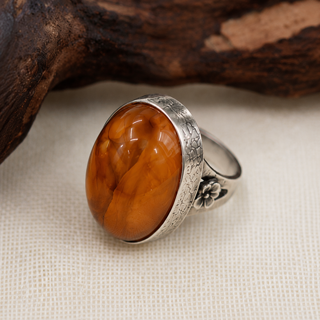 Golden Amber Sterling Silver Adjustable Ring full product view by La Tiera