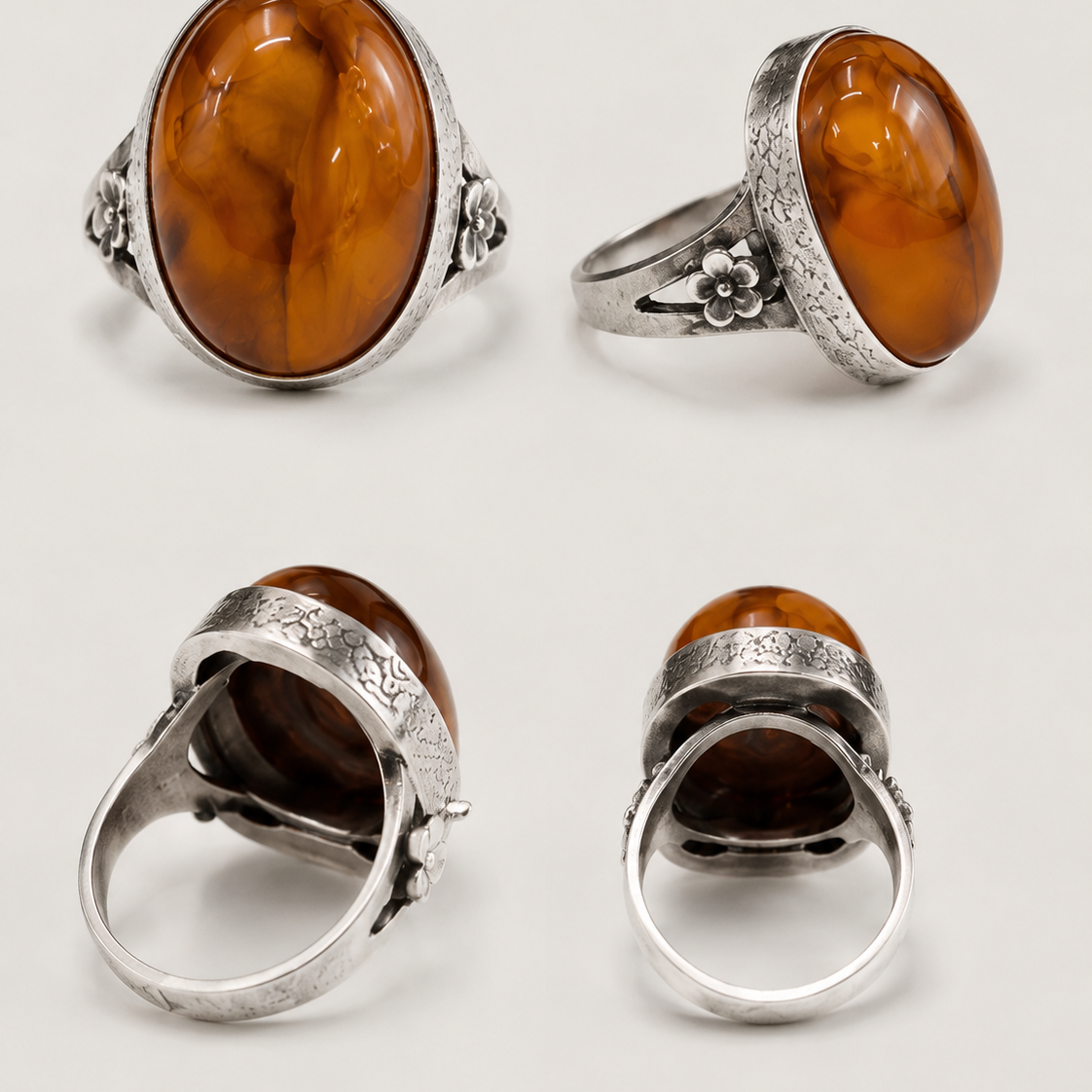 Golden Amber Sterling Silver Adjustable Ring adjustable open band and textured sterling silver bezel detail