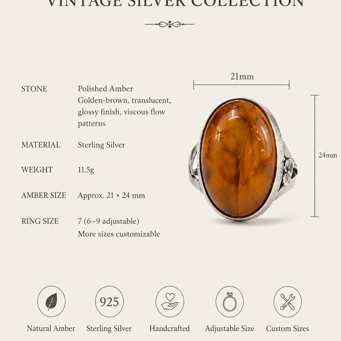 Golden Amber Sterling Silver Adjustable Ring size and material guide