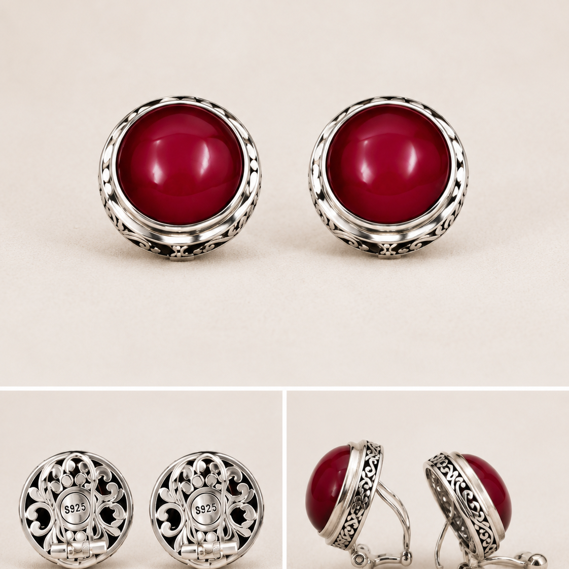 Ruby Sterling Silver Statement Earrings structured earring back and sterling silver setting detail
