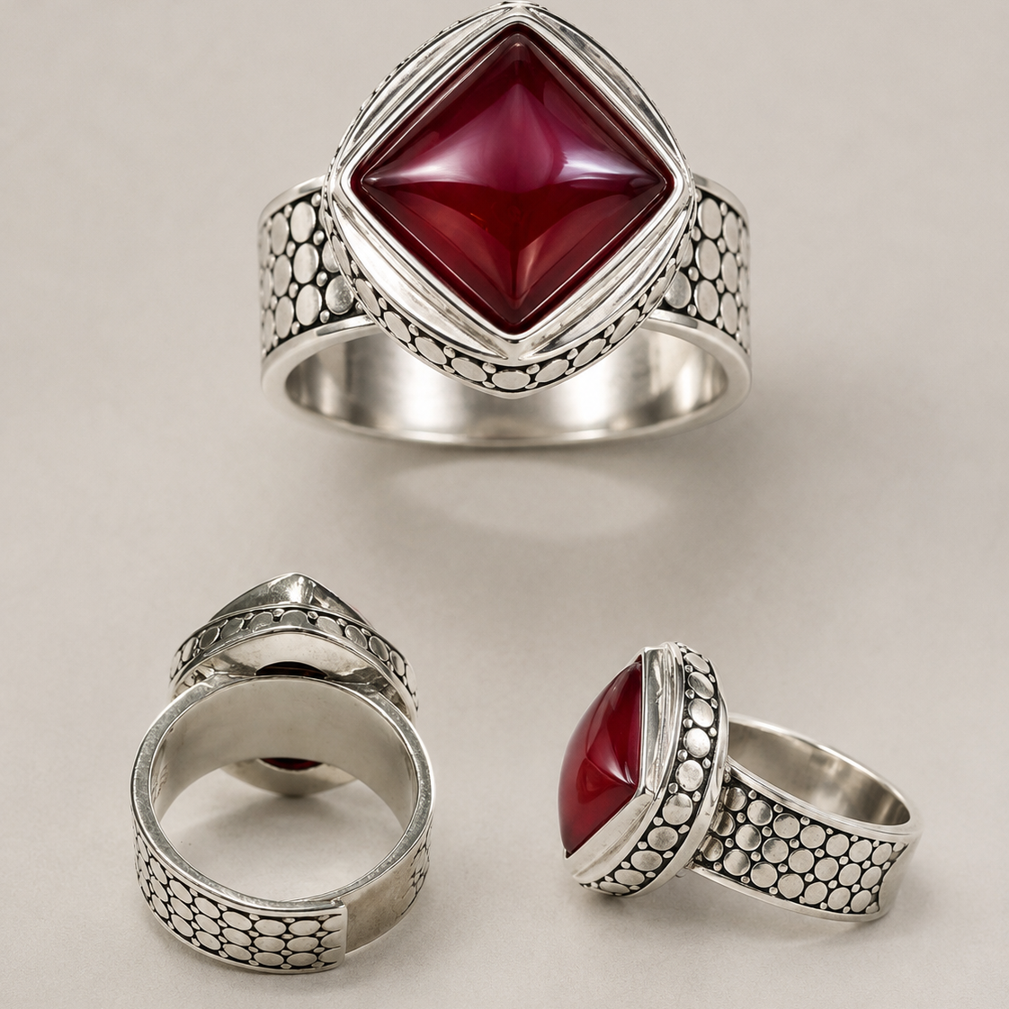 Ruby Sterling Silver Statement Ring thickened sterling silver shank and oxidized texture detail