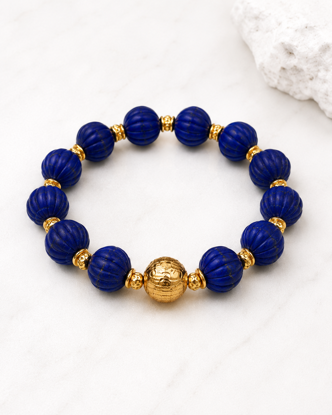 Lapis Lazuli Gold Beaded Statement Bracelet full product view by La Tiera