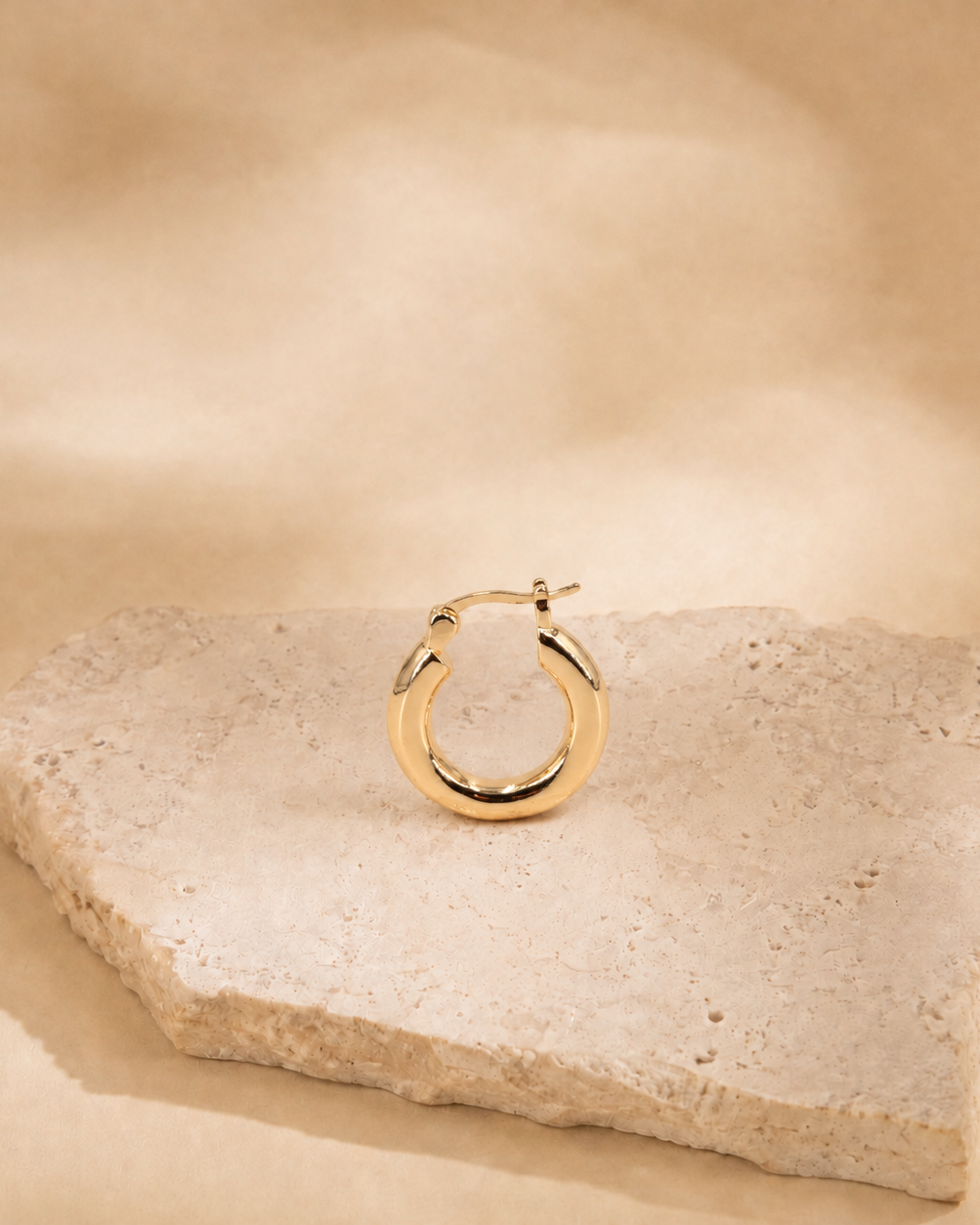 Front view of Alba 14K gold-plated steel hoop earring, showing its rounded polished shape and fastening at the top.
