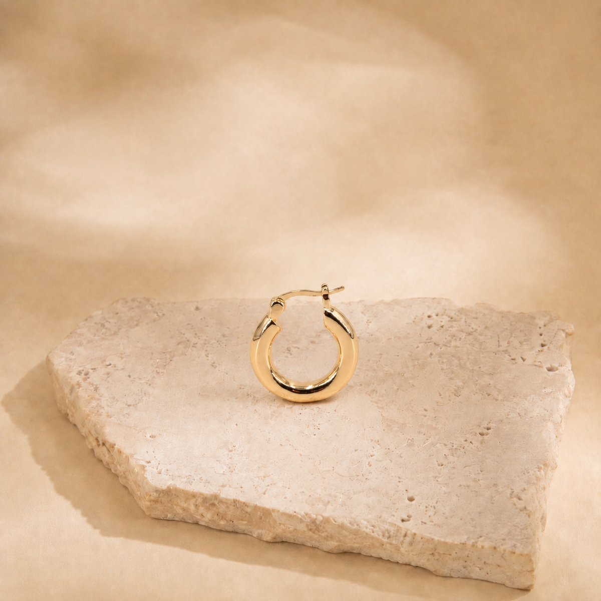Front view of Alba 14K gold-plated steel hoop earring, showing its rounded polished shape and fastening at the top.