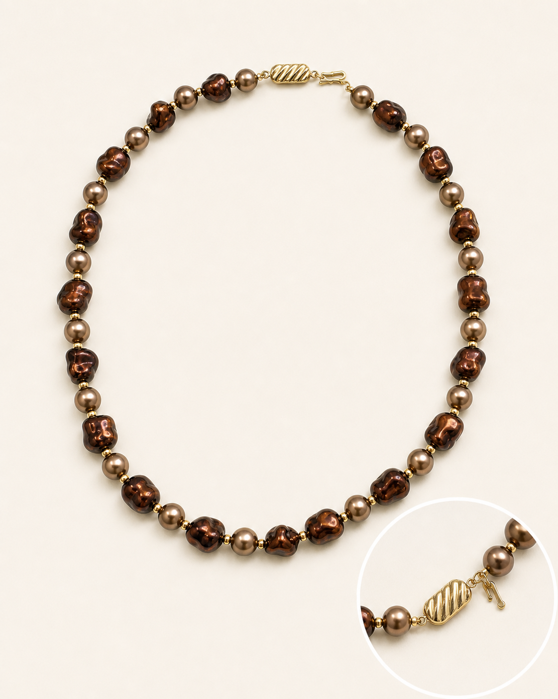 Aurelia Bronze Baroque Shell Pearl Necklace insert clasp, hooked safety catch, and gold-tone spacer bead detail