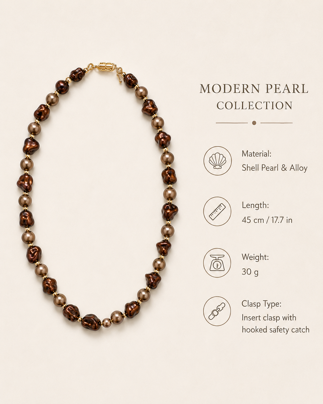 Aurelia Bronze Baroque Shell Pearl Necklace size and material guide