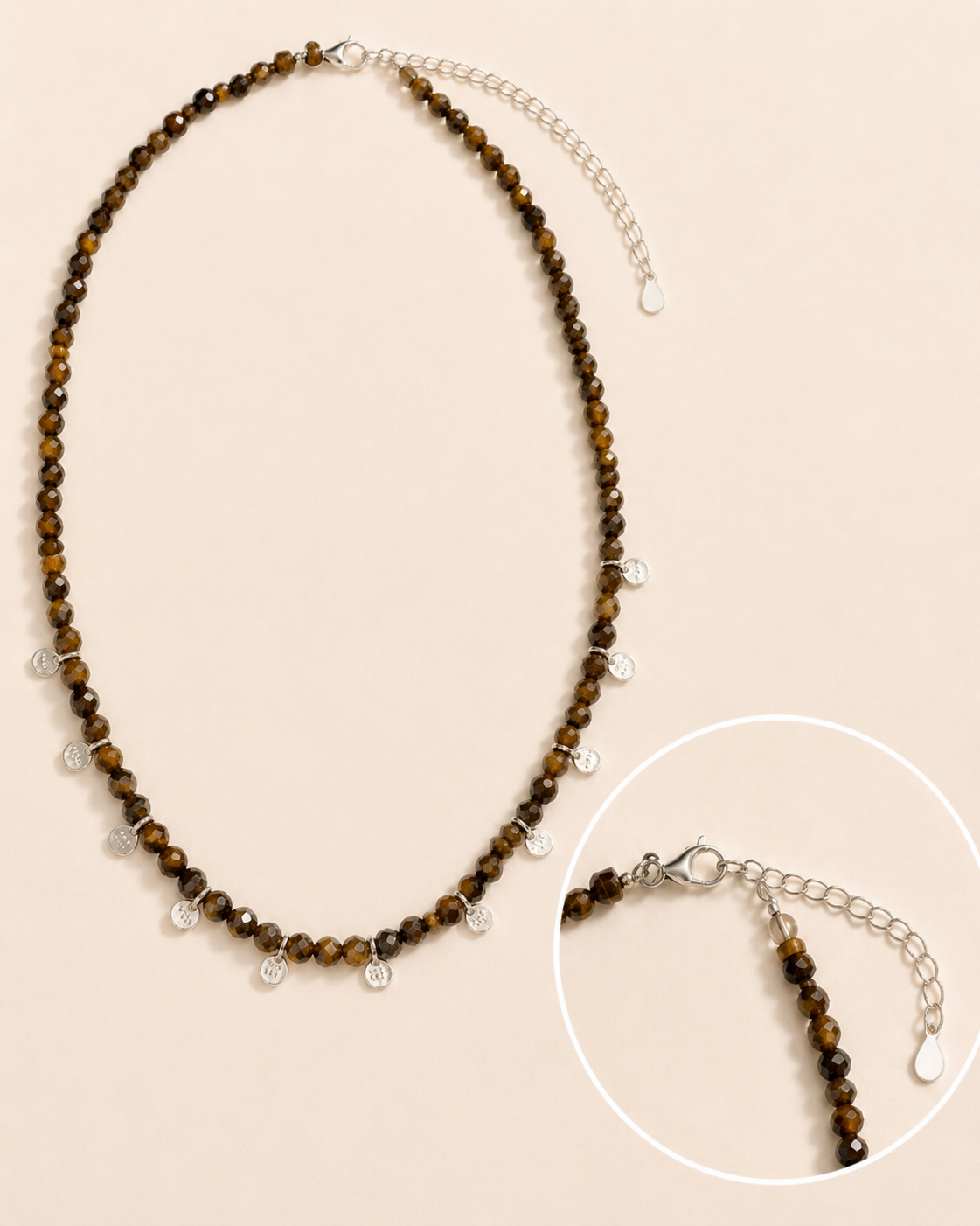 Aurelia Tiger’s Eye Sterling Silver Charm Necklace lobster clasp, adjustable chain, and sterling silver charm detail