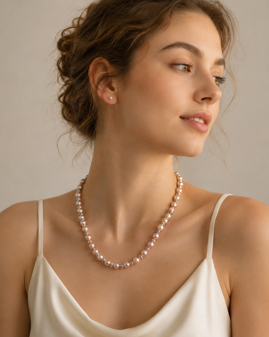 Model wearing Aurora Champagne Freshwater Pearl Necklace with ivory knit and romantic pearl styling