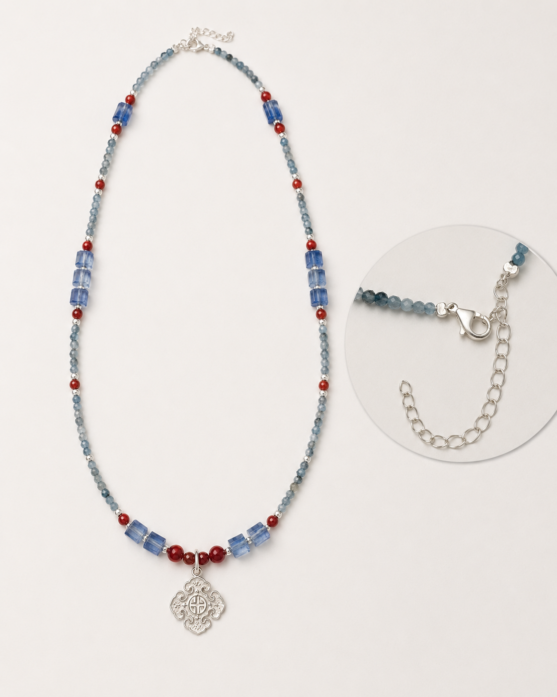 Azure Sky Blue Quartz Pendant Necklace lobster clasp, adjustable chain, and sterling silver pendant detail