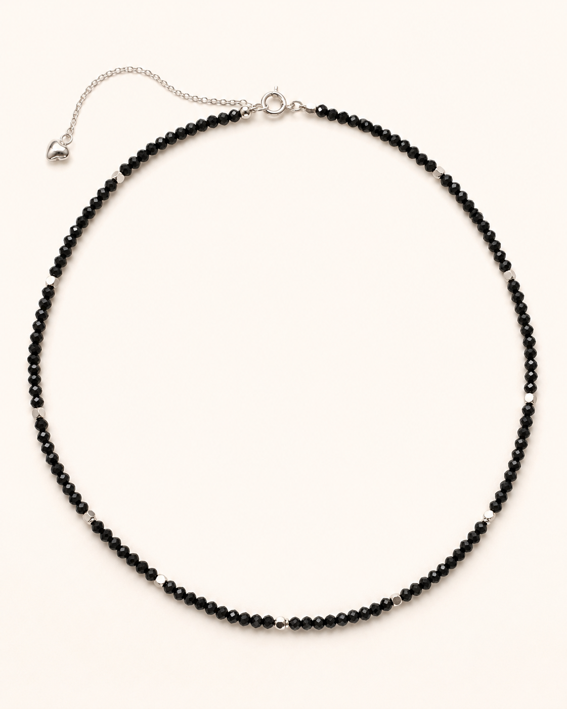 Faceted Black Spinel Sterling Silver Long Necklace full product view by La Tiera