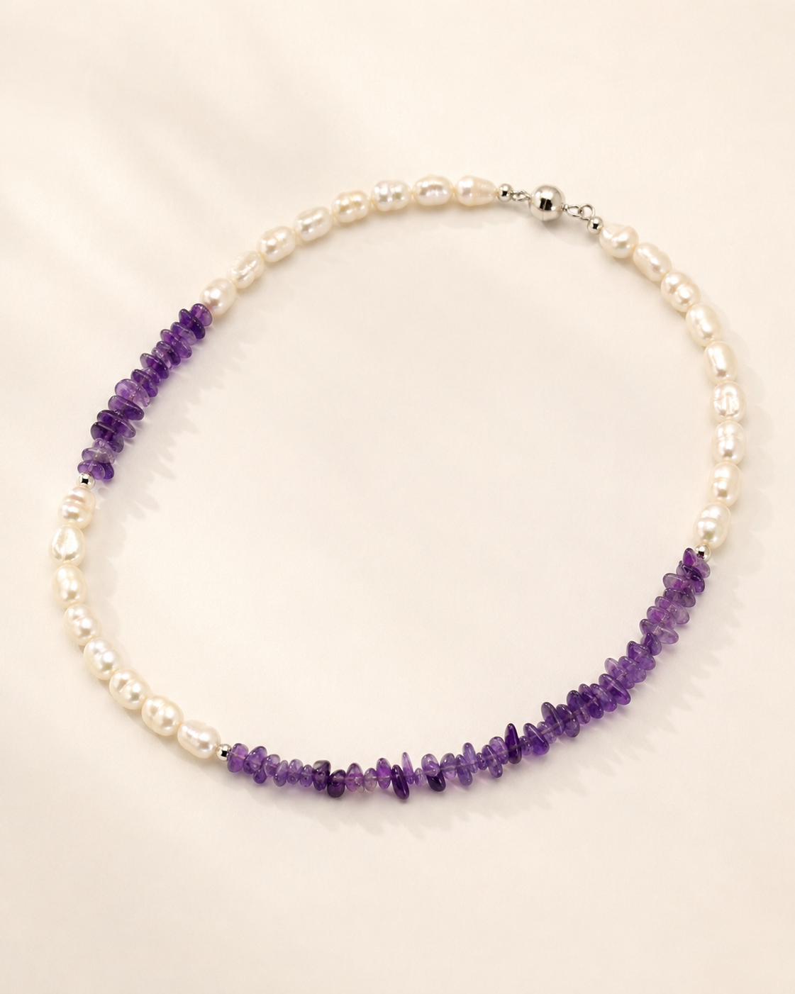 Freshwater Pearl Amethyst Asymmetric Necklace full product view by La Tiera