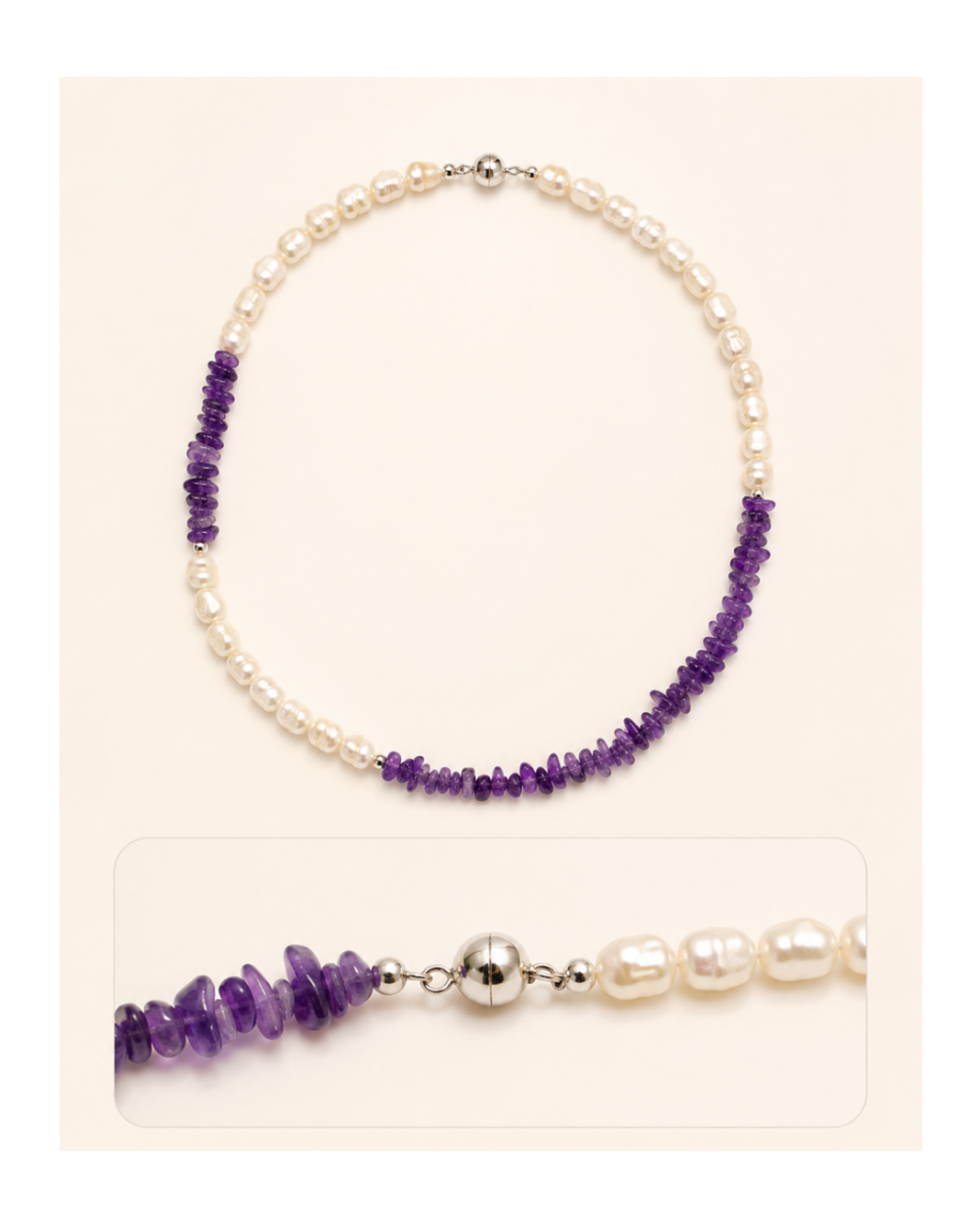 Freshwater Pearl Amethyst Asymmetric Necklace sterling silver magnetic clasp and spacer bead detail