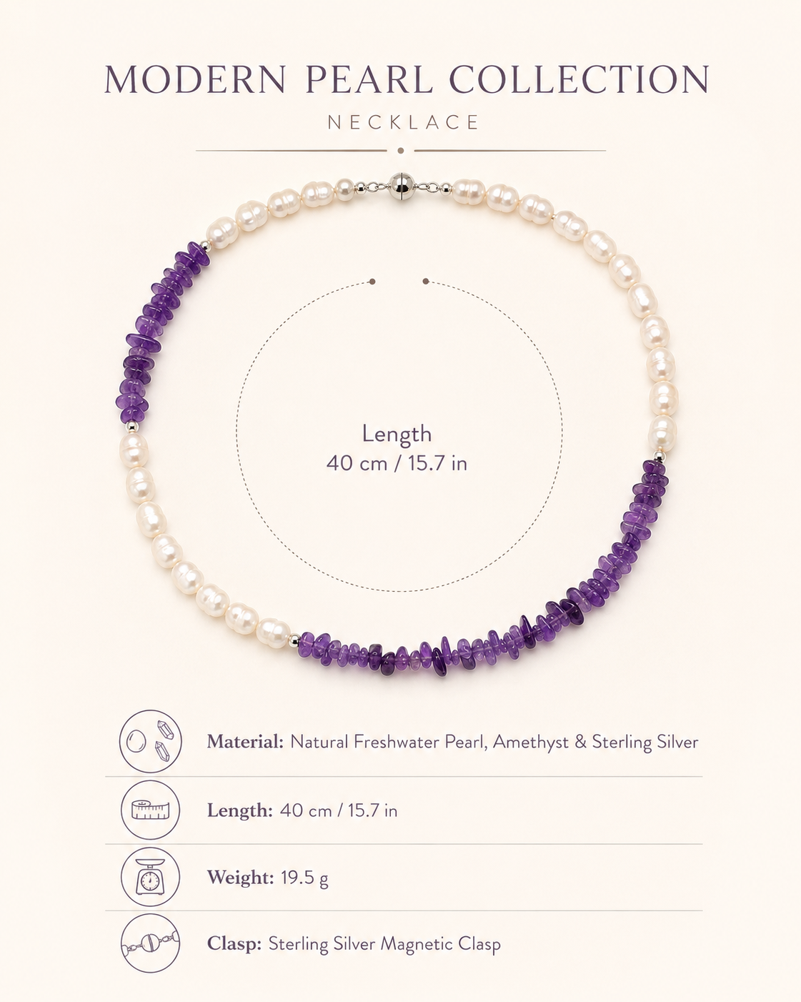 Freshwater Pearl Amethyst Asymmetric Necklace size and material guide