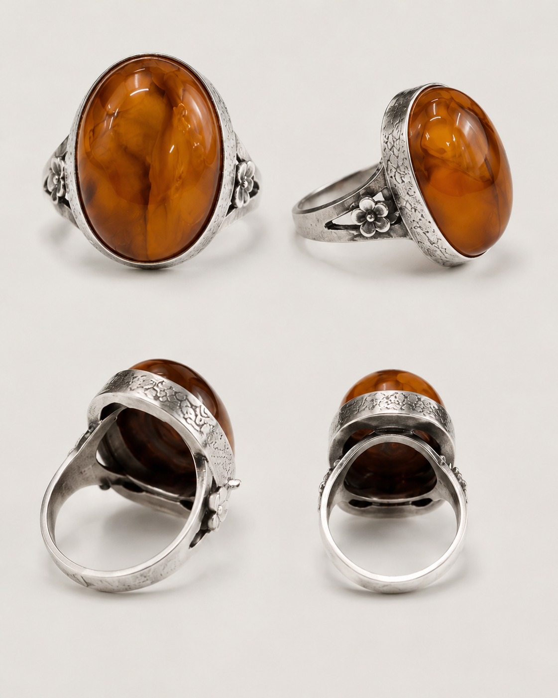 Golden Amber Sterling Silver Adjustable Ring adjustable open band and textured sterling silver bezel detail