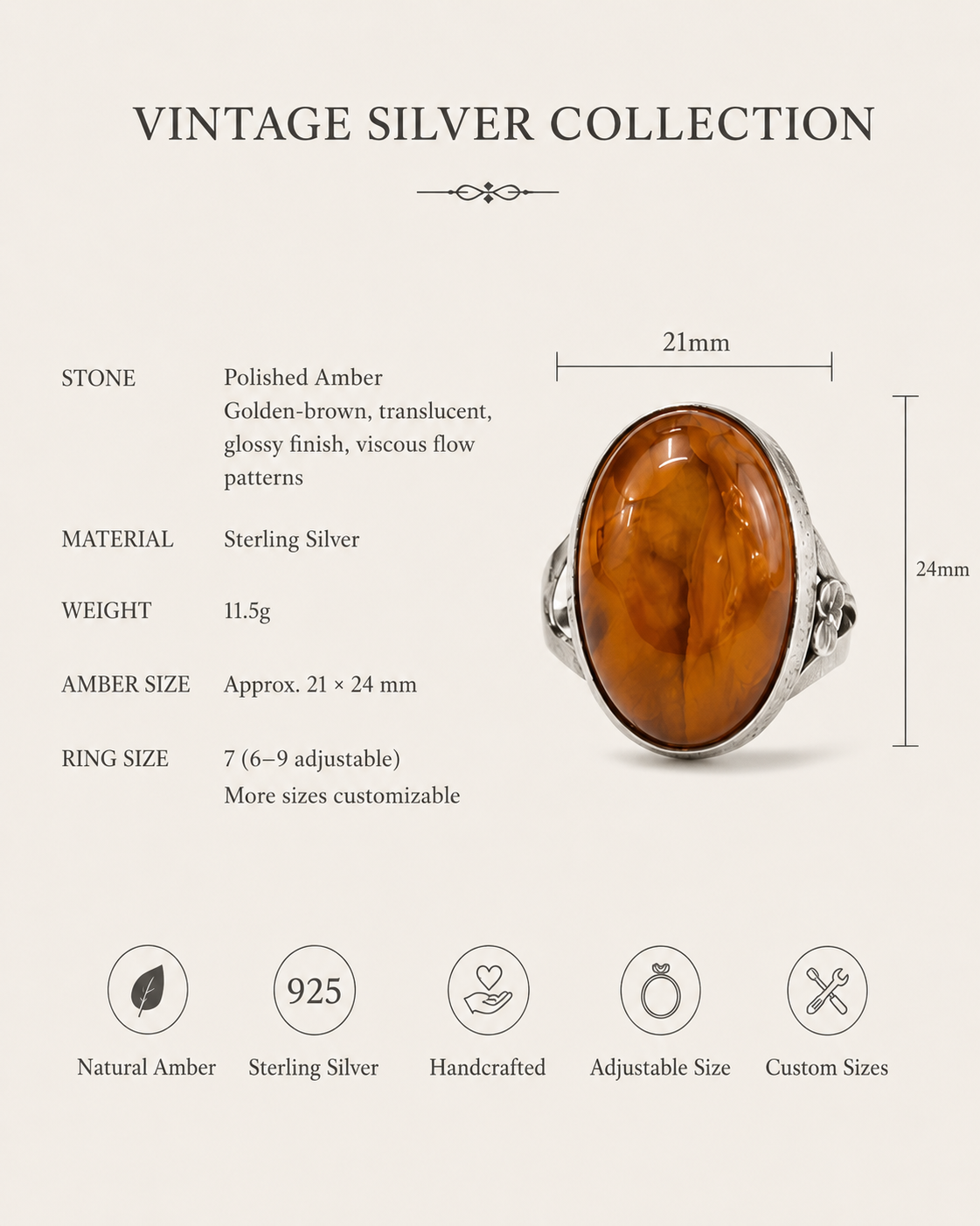 Golden Amber Sterling Silver Adjustable Ring size and material guide