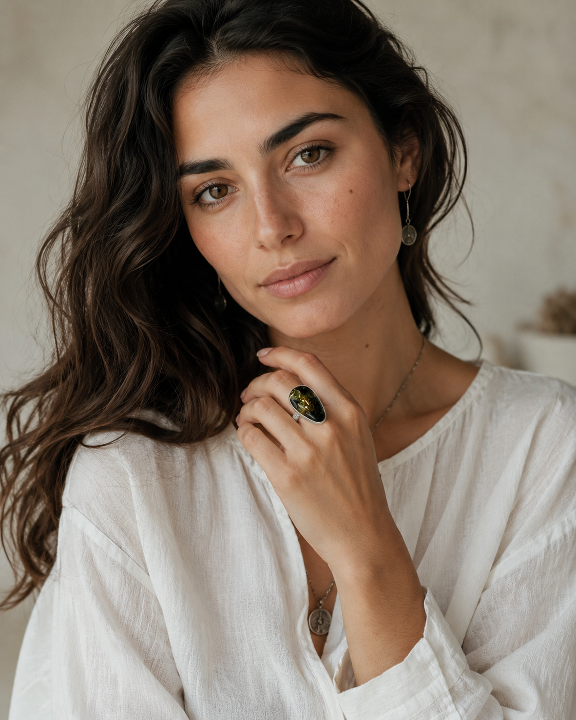 Model wearing Golden Flower Amber Sterling Silver Sculptural Ring with vintage silver styling