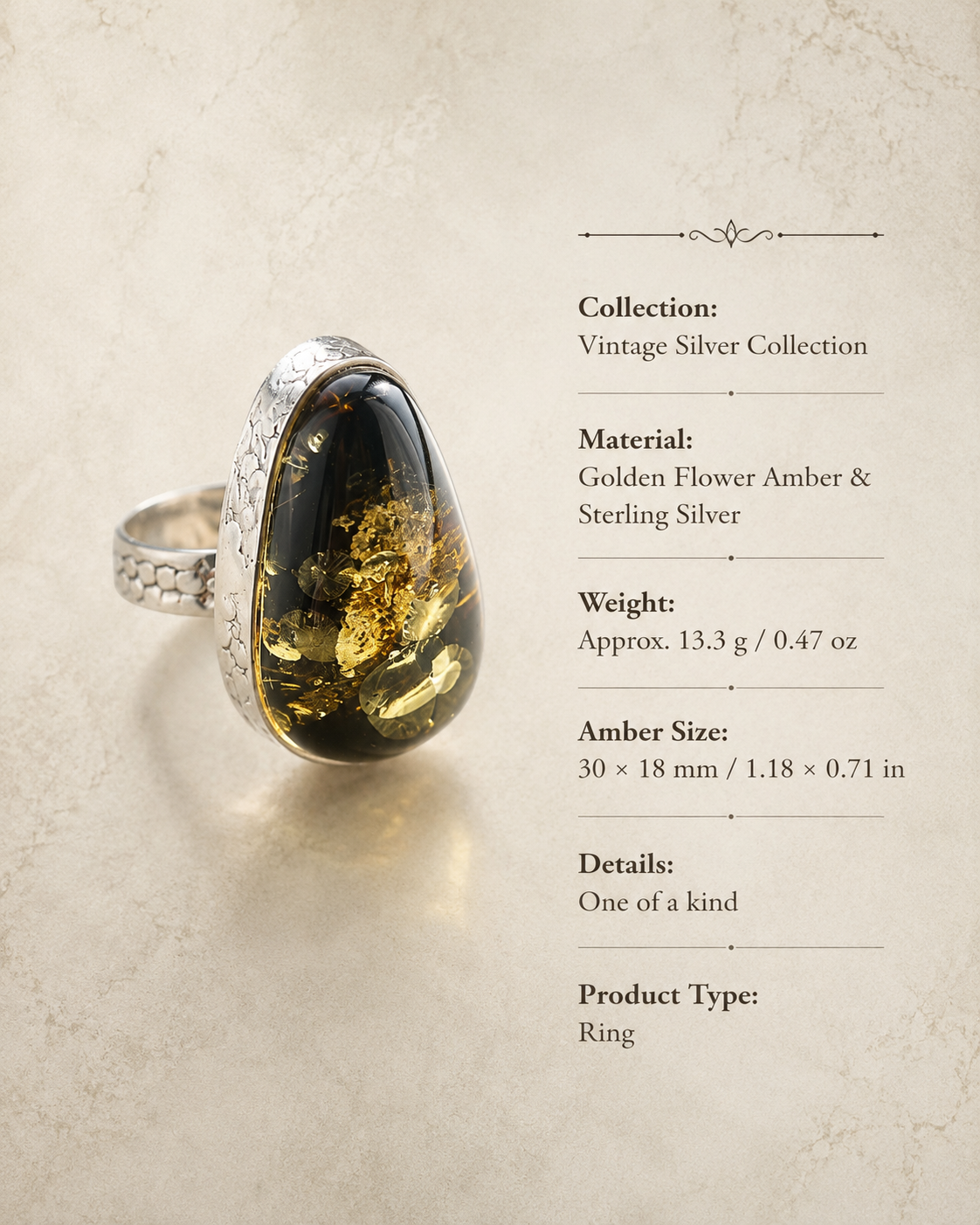 Golden Flower Amber Sterling Silver Sculptural Ring size and material guide