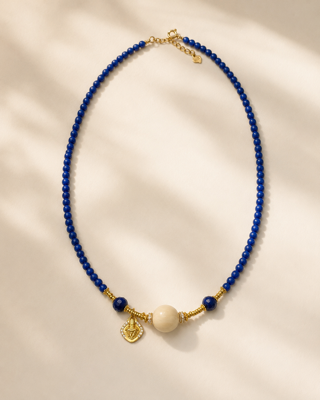 Lapis Lazuli Beaded Necklace with Gold-Plated Sterling Silver full product view by La Tiera