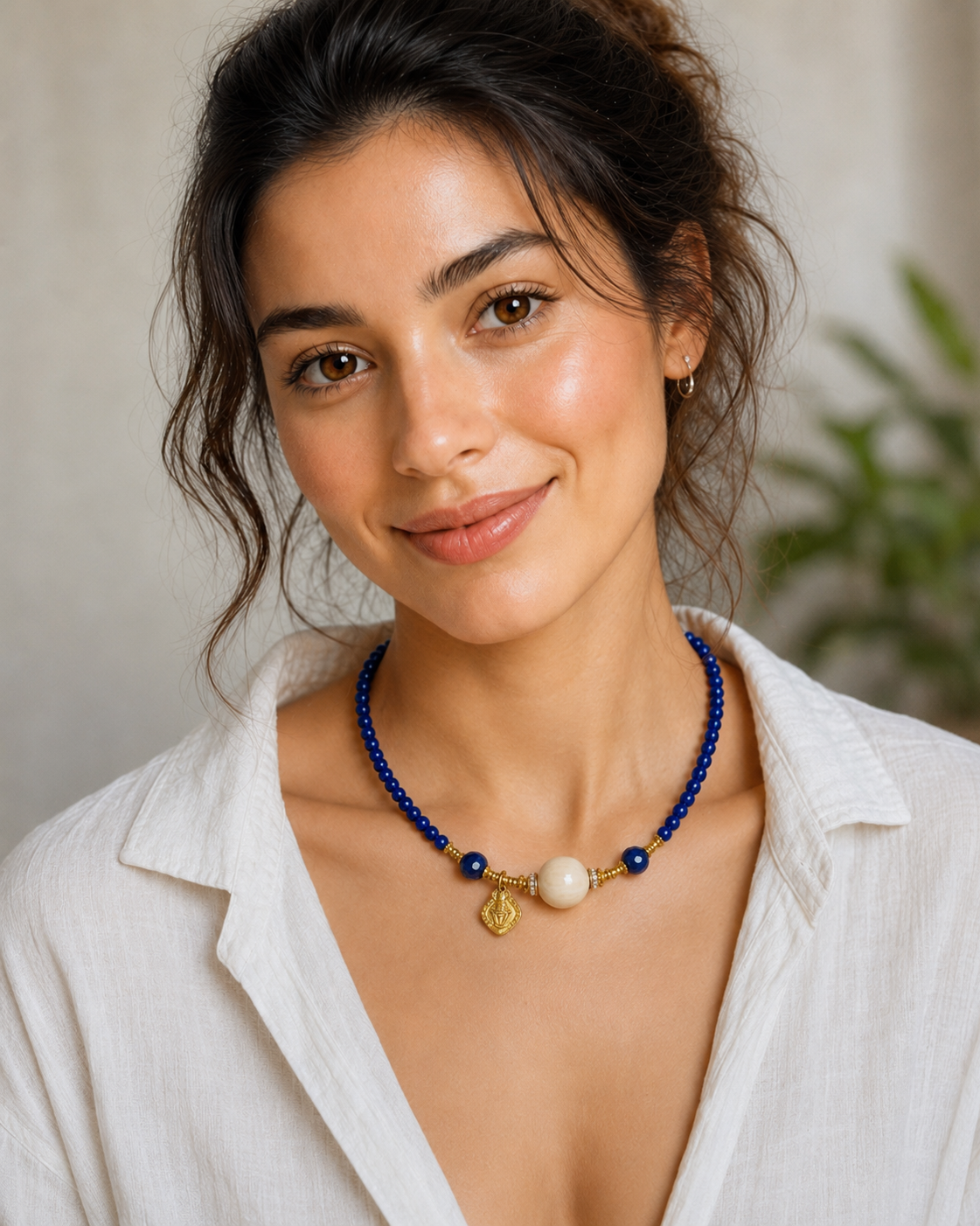 Model wearing Lapis Lazuli Beaded Necklace with Gold-Plated Sterling Silver and a white linen shirt