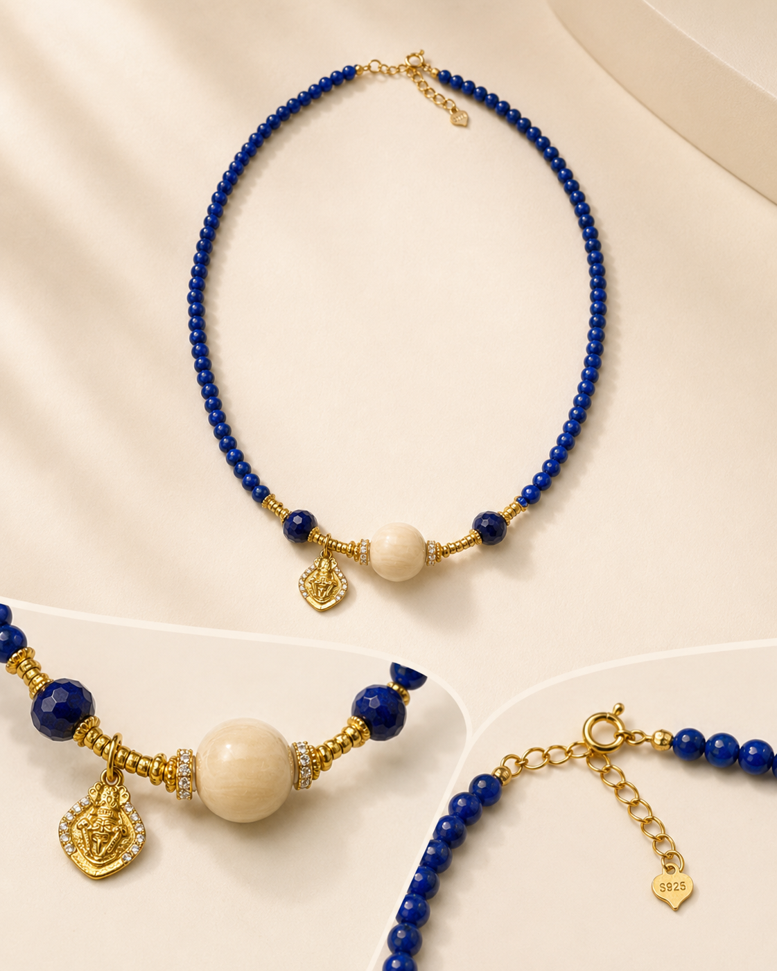 Lapis Lazuli Beaded Necklace spring ring clasp and extension chain detail