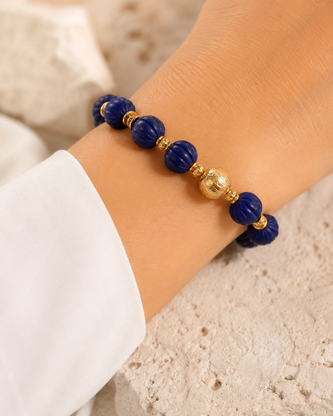 Lapis Lazuli Gold Beaded Statement Bracelet stretch fit and gold-plated sterling silver bead detail