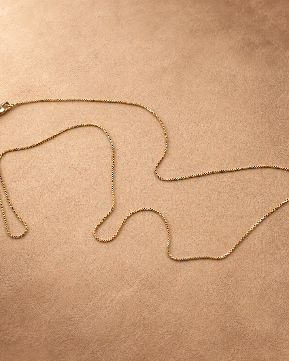 Linea box chain necklace arranged in loose curves on a warm textured surface, with the clasp at the upper left.