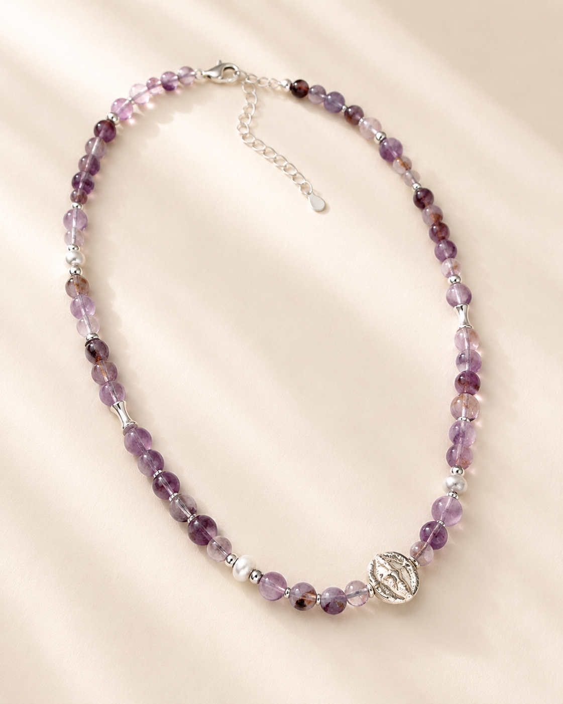 Luna Purple Phantom Quartz Pendant Necklace full product view by La Tiera